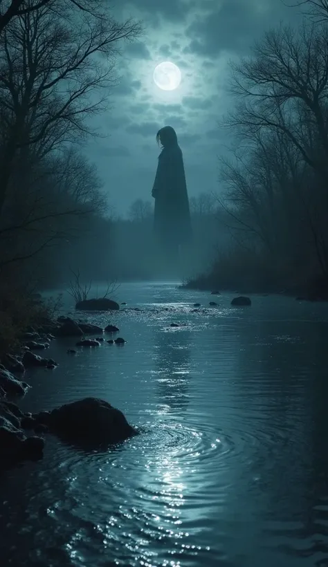 A night landscape in which the river reflects the moonlight.  In the background, a ghostly figure of La Llorona, with her face partially visible, crying, looking at the spectator. The scene should have a shade of mystery and terror."
COLORS: Greys and silv...