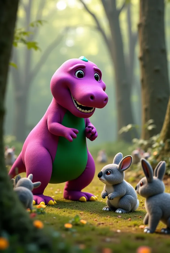 Barney and small koala near other and fight against rabbits 