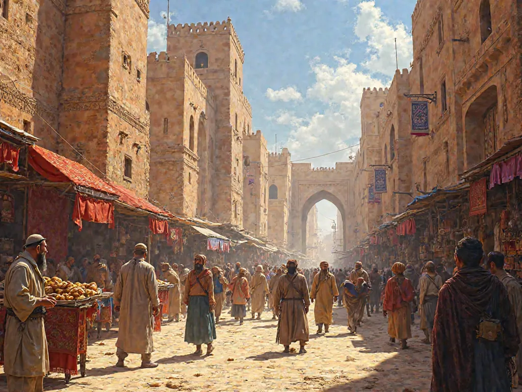 A grand ancient marketplace, full of merchants, colorful fabrics, and camels passing by.