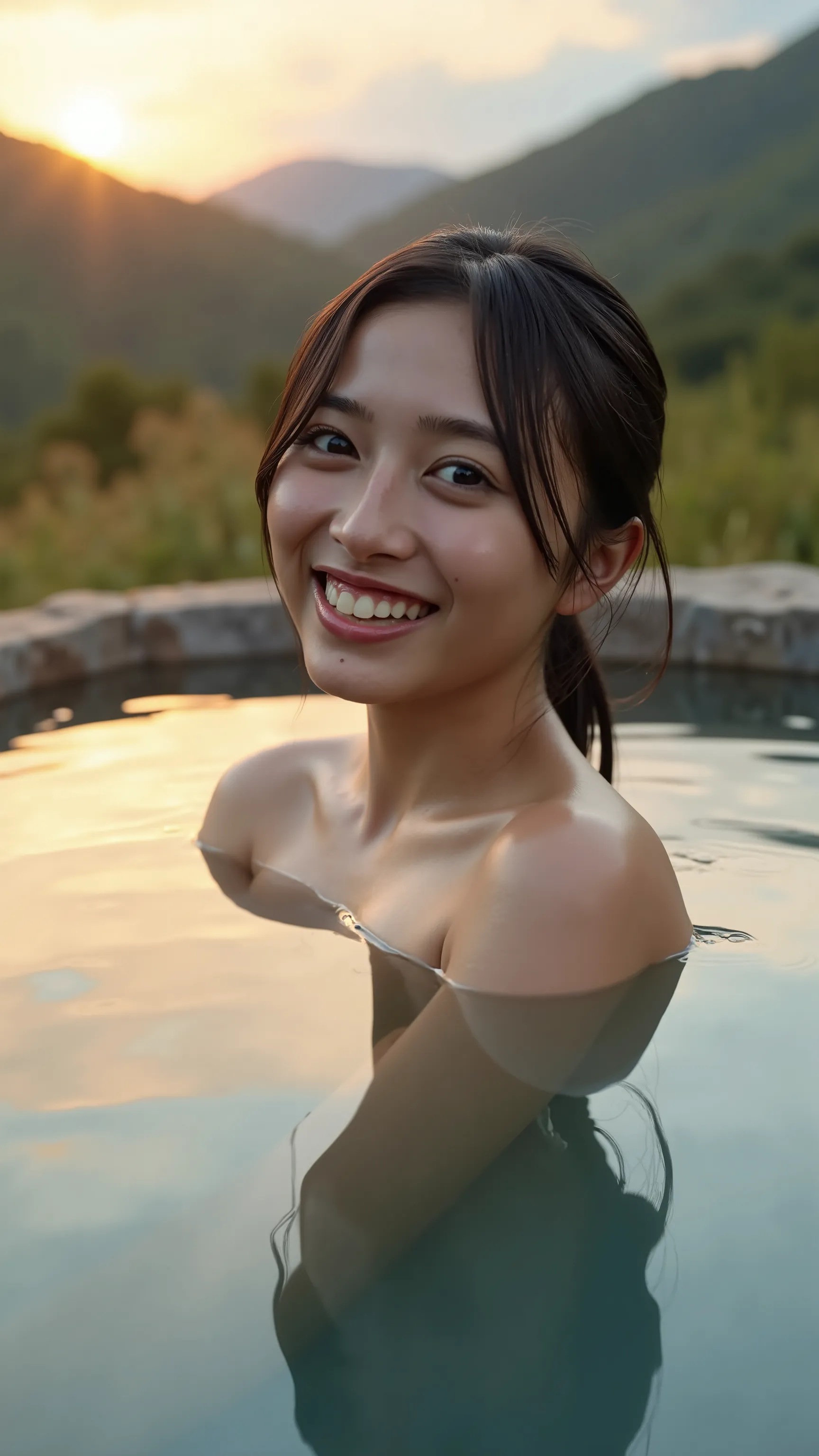 A high resolution photograph of a Japanese young woman bathing in a hot spring with bare shoulders and joyful expression, in a remote mountain area at the magic hour of sunset.
Her naked upper body is reflected in the hot spring water. 
Her black hair is t...