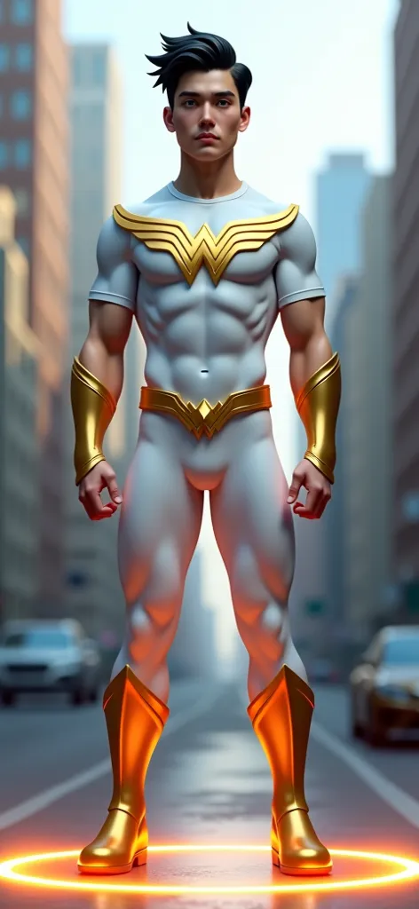 Full body photorealistic  of Wonderman as a young adult, around 18-20 years old. Black hair.He should have a strong, athletic build  ripped abs toned body and resemble a younger version of male version of wonder woman with a well-defined jawline, short bla...