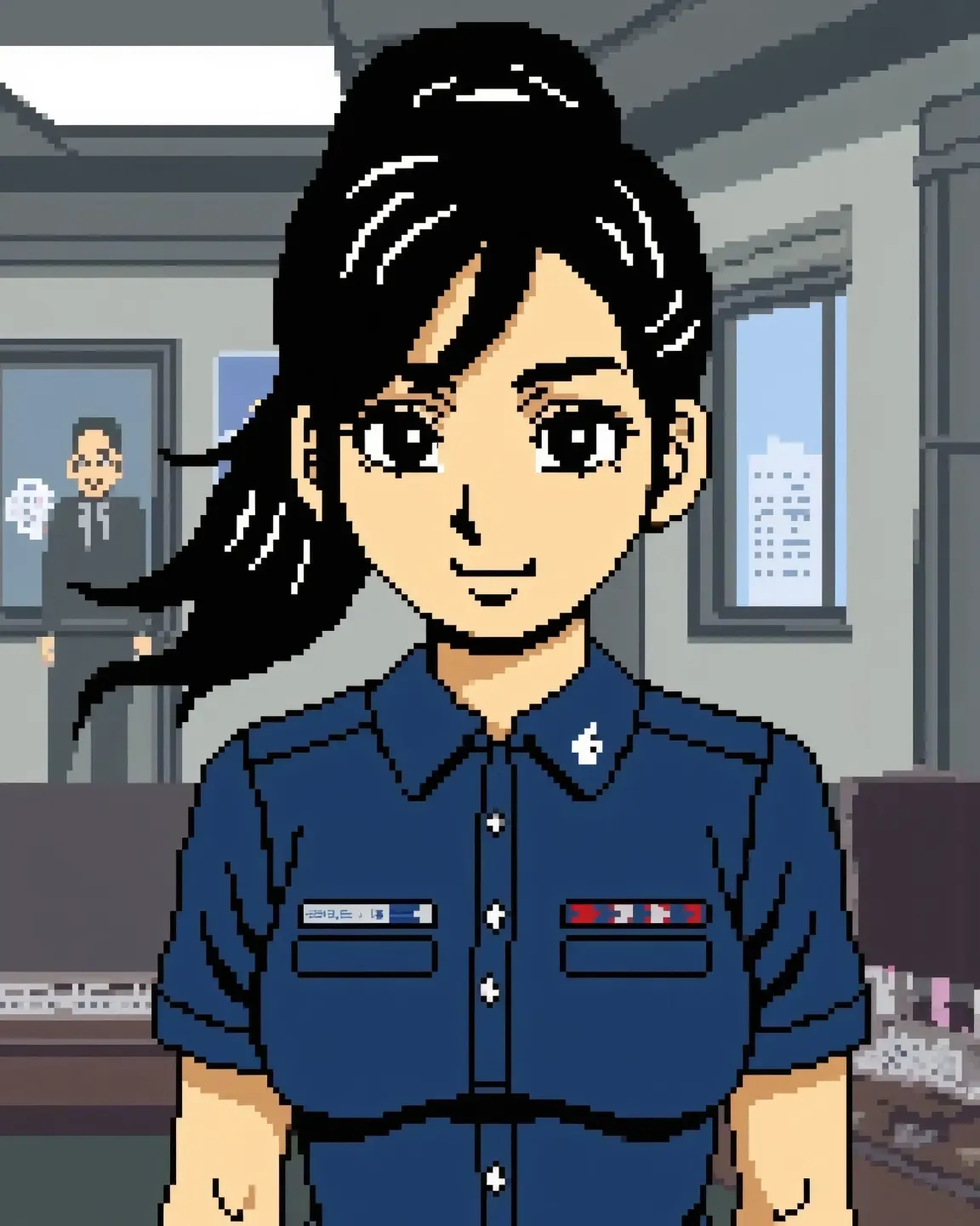 woman, beautiful, looking at viewer, smile, ponytail, black hair, police uniform, black eyes, police station, pixel character, pixel_art character, (masterpiece, best quality:1.2) 