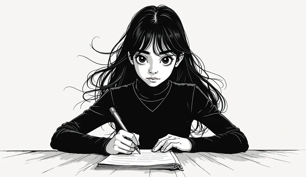 Retro manga art style, latino girl, black, long hair, wears black turtle neck, writing letters, zen, black and white, colorless, on to the camera 