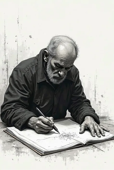  depressing illustration of a male ager drawing only with a pen,