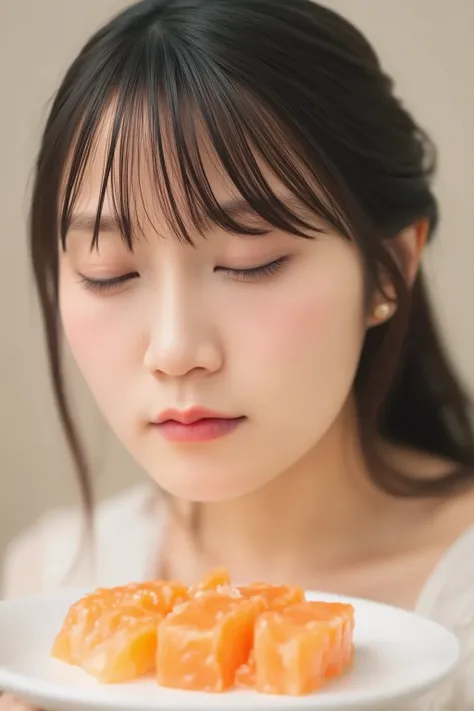 close-up shot,   salmon sushi on a white plate ,  staring very closely at the sushi under the table、 long haired ,  Slightly high angle ,  a woman is looking at the sushi from the front from the bottom, white black, Focus on sushi , The Woman&#39; Japanese...