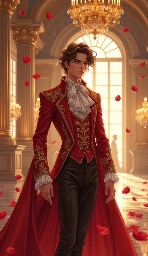 A highly detailed anime-style illustration of an androgynous young man named Ethan, standing gracefully in an opulent scene inspired by the Palace of Versailles. He has warm brown skin and a slender, hourglass figure that radiates elegance and subtle stren...