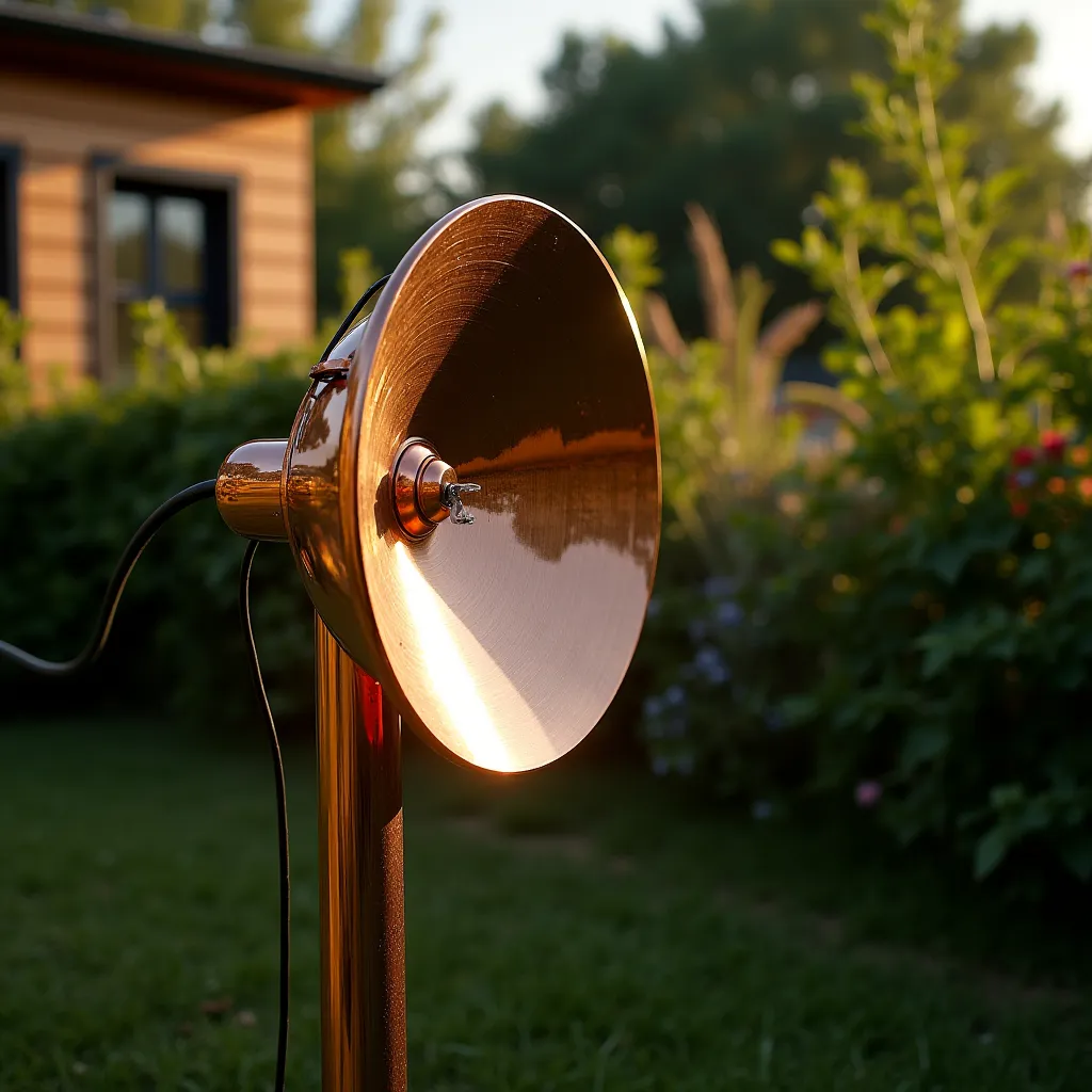 Create a simple antenna made of copper with a circular shape in the backyard of a DIY style house that is a device intended to generate electricity
