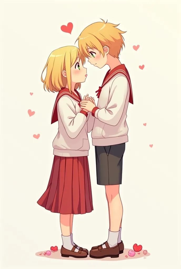 Boy and girl had Same heights,candy,school uniform,couple, candy,blonde hair girl,Valentines,white day,cute,anime style,hug,looking at viewers 