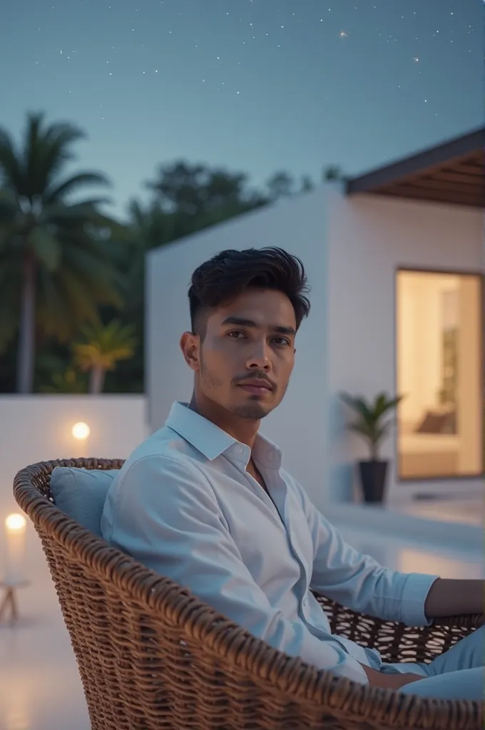 A handsome Indonesian guy with short black hair,wearing a white color switcher is sitting on a rattan chair on the terrace of the white house at night