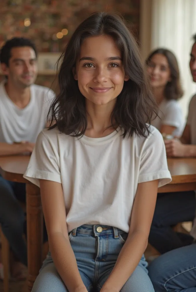 An attractive 16-year-old American girl with big butt and breasts with black hair and brown eyes dressed in jeans and a white t-shirt sitting at a family gathering