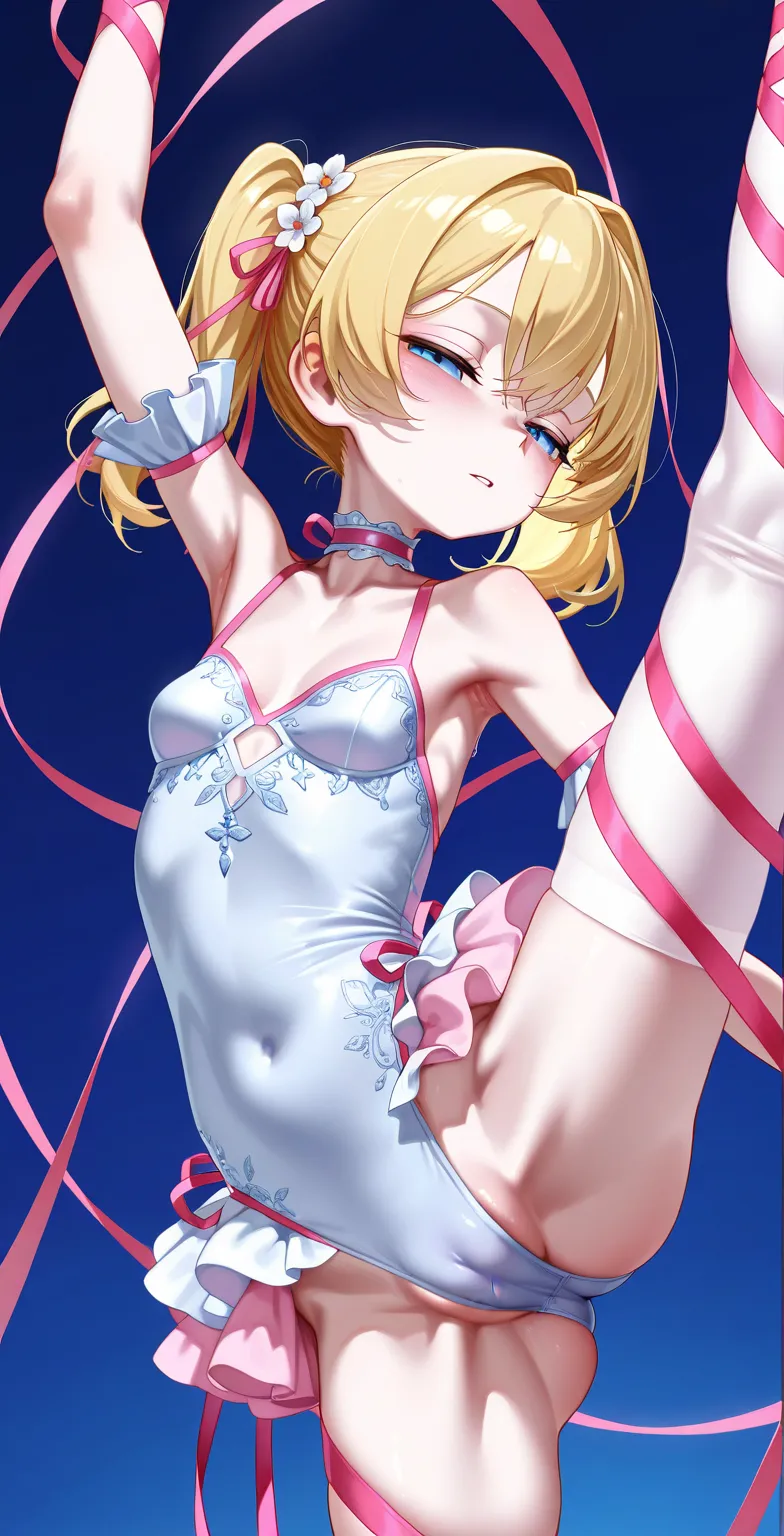 solo loli girl, blonde hair, [emaciated:1.3], small breasts, half-closed eyes, exotic angel motif fashion, ballet dancing, pink ribbon, camel toe vulva, simple blue background, sexual feminine charm,