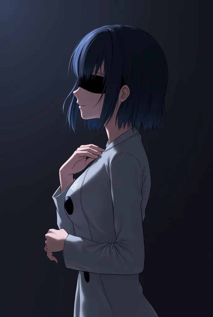 looks at one woman, Right-leaning center division,short hair blue black hair, Eyes Without Light,anime, dark,evildoer, left blindfold ,I have a big black hole in my chest,Smiles Gently,slender on the background,small breasts,First-person perspective with h...