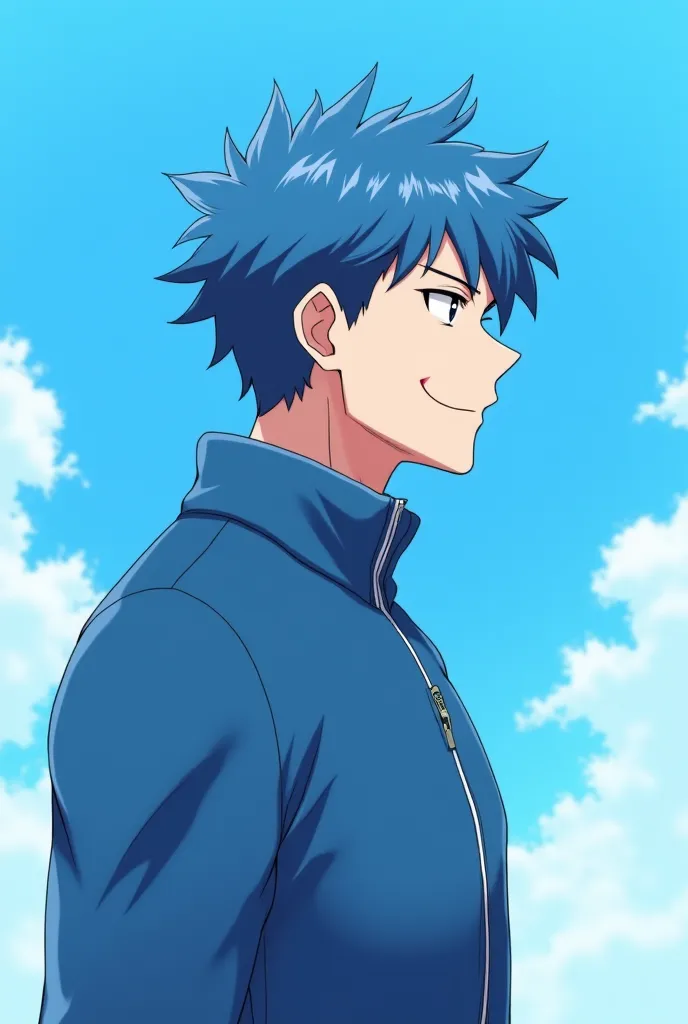  Anime style. Anime 25 year old muscular guy with blue hair.  It's against the blue sky. The guy is in profile. He is wearing a blue zip-up sweater. The guy stretches his hand forward. He's crazy, he's out of his mind. The guy smiles madly 