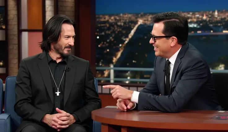 A candid shot of Keanu Reeves and Stephen Colbert engaging in a tense conversation on a late-night talk show. Keanu Reeves is dressed in an all-black outfit, consisting of a black suit, black shirt, and black tie. He wears a silver cross necklace, has slig...