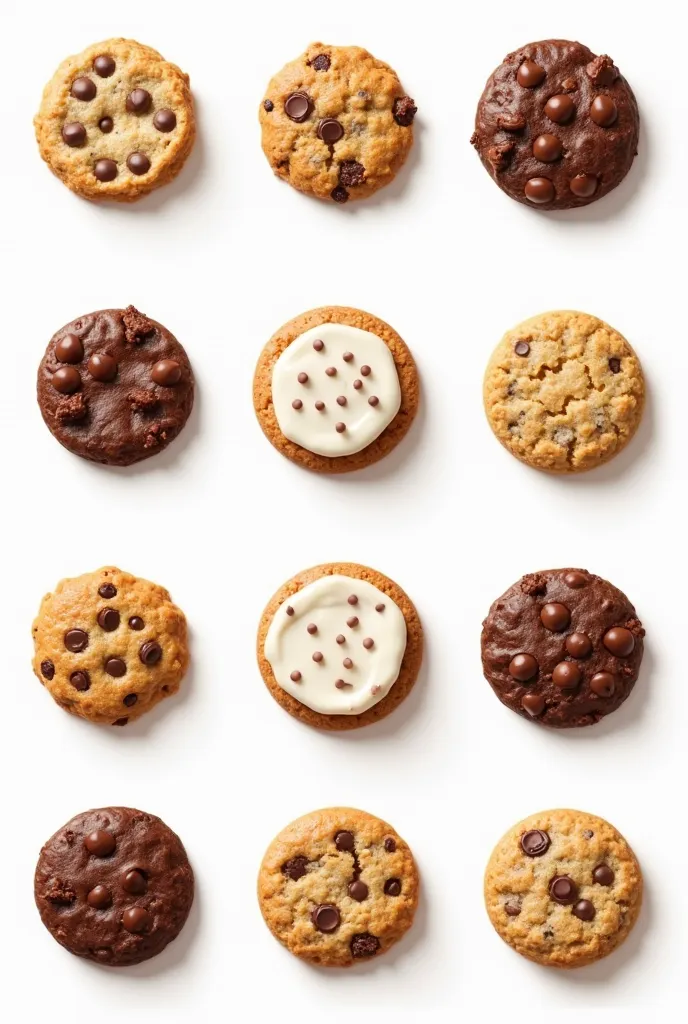 A collection of varied cookies, like chocolate cookies,  Oatmeal Cookies , chip cookies, cookies decorated with icing, all bottomless, with realistic and attractive details. The cookies should have a visually appetizing texture and a fresh appearance, idea...