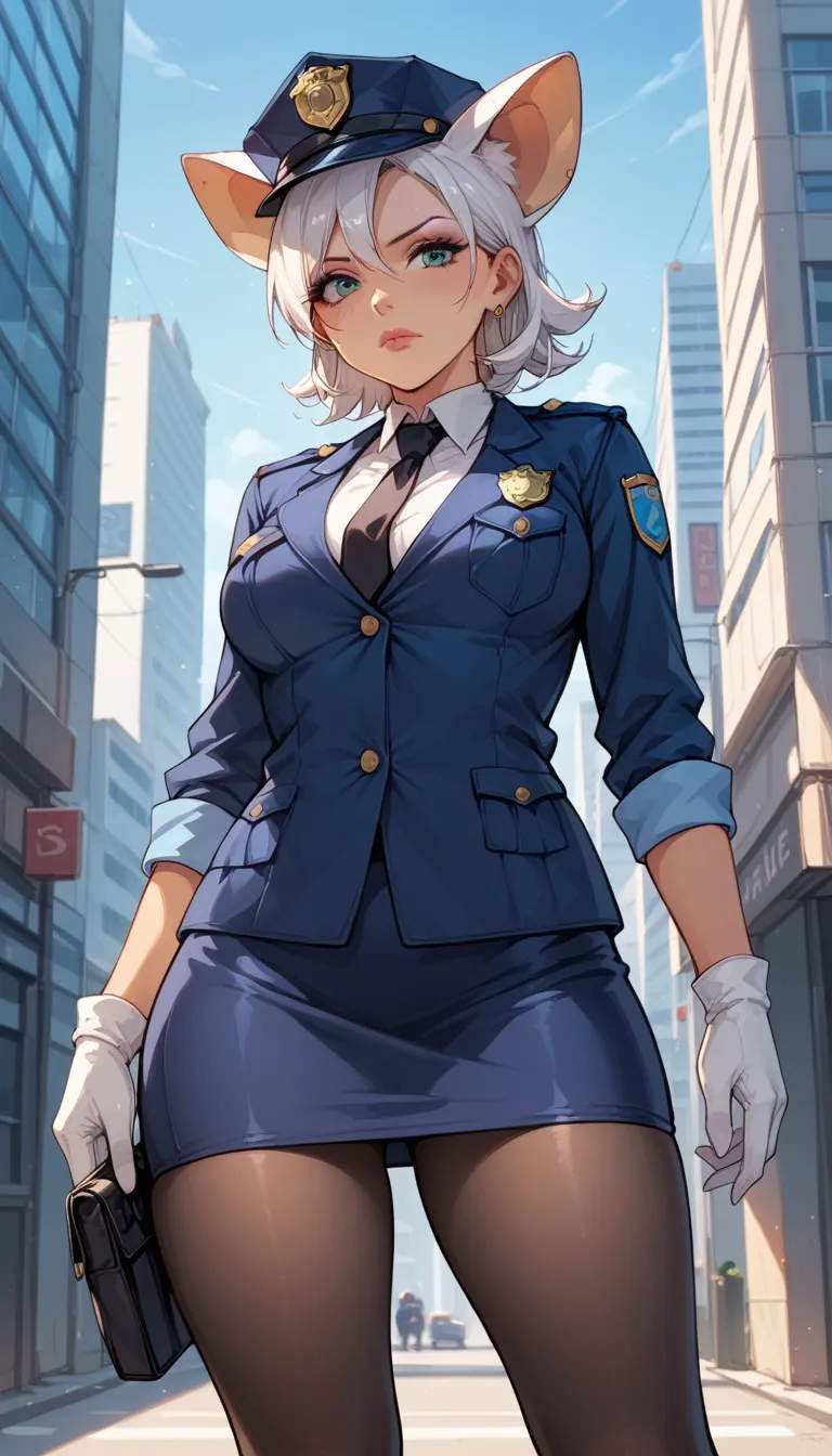  1girl 、solo ,Female police officer、Navy blue costume female police officer、Female police officer's cap、Uniform Buttons、Collared shirt、Black tie、Navy blue pencil skirt、Black Pantyhose、Uniform jacket、Black pumps、White gloves , standing ,hands on hips ,close...