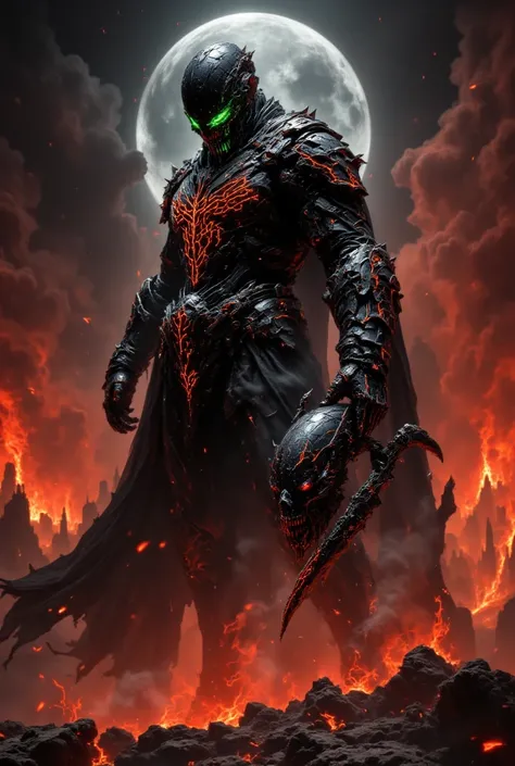 The antichrist of 2096, cyber, neon, perfect metal, reds and crimsons and electricity, horror film, futuristic, reflective metal surfaces, bone fusion set in an apocalyptic world of fire and lava. Black armor with glowing magma details in red and orange co...