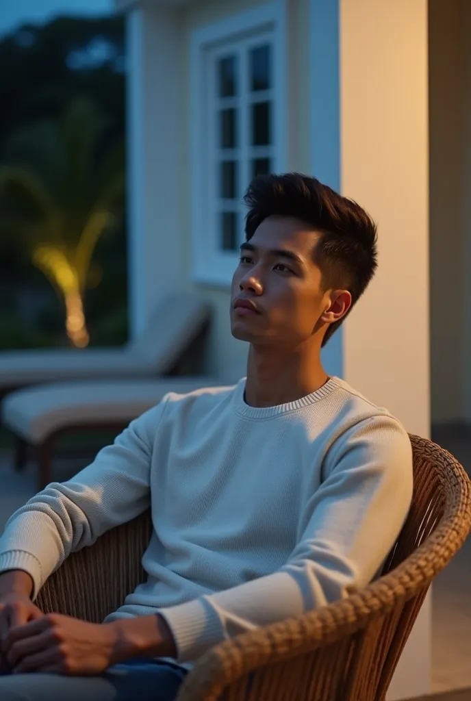 A handsome young guy white clean indonesian short hair black,wearing a white color switcher is sitting on a rattan chair on the terrace of the white house at night