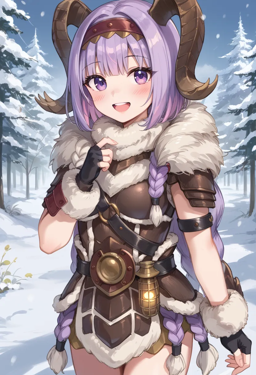 ( score_9:0.9), score_8_high, score_7_high, Review_secure, in anime style,(zPdXL),Banbaro Beta Armor, 1 girl,Alone,horn hairband,looks at the viewer, smile,white fingerless gloves,open mouth,Blush, purple hair  , purple eyes ,Teeth,:d, cowboy shot ,Blunt p...