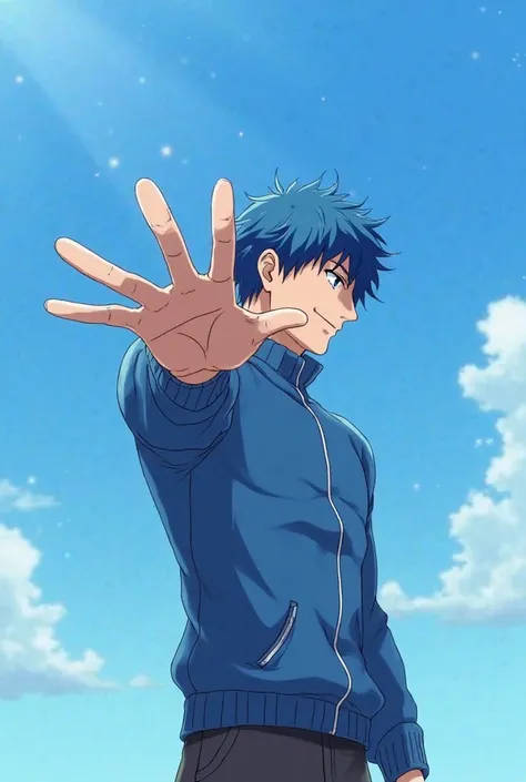  Anime style. Anime 25 year old muscular guy with blue hair.  It's against the blue sky. The guy is in profile. He's wearing a blue zip-up sweater. The guy stretches his hand forward. He's crazy, he's out of his mind. The guy smiles madly 