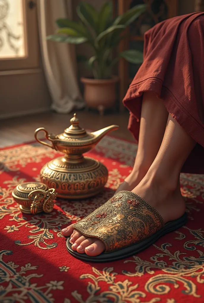 Alibaba's feet on the carpet with Aladdin magic lamp