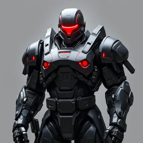 Futuristic senior officers in massive black and matt high-tech armor and exoskeleton(with rare red diodes),  Their helmet is designed in a high-tech style with a narrow, thin visor like a scarlet knight and built-in infrared sensors, they are holding a mas...