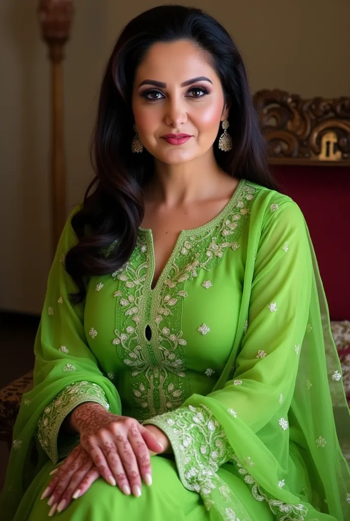 


 ((32K, top-quality:1.5, masterpiece, A high resolution, Photorealsitic)), A beautiful young Pakistan's,40 years old , bindi and light lips woman wearing green kurti and salwar, henna (mehndi) in both hands
Sitting on a chair at home,black thick Hair, S...