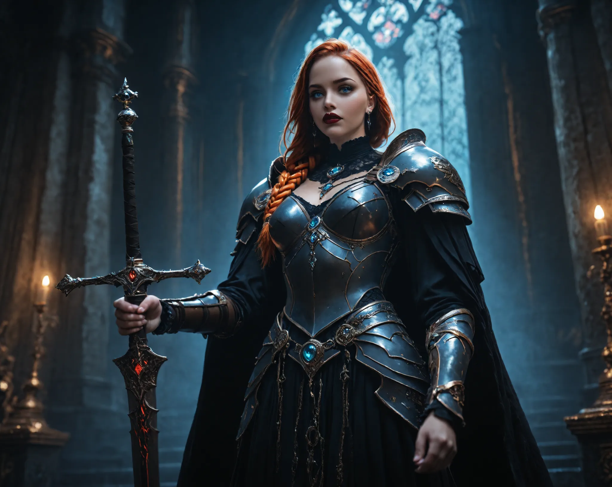 Gorgeous female warrior, huge breasts, Long dark hair, braids, blue eyes, Super Detailed, High Resolution, gothic armour, holding a sword, Jewelry, castle throneroom,  red lipstick, 