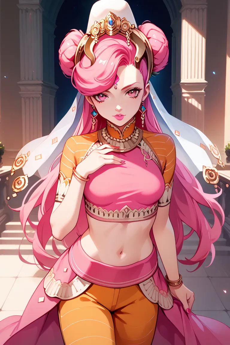 parvati, pink eyes, pink hair, long hair, double bun, forehead jewel, hat, veil, pink lips, jewelery, earrings, bracelet, pink shirt, orange sleeves, crop top, midriff, navel, pink nails, orange pants, pink skirt