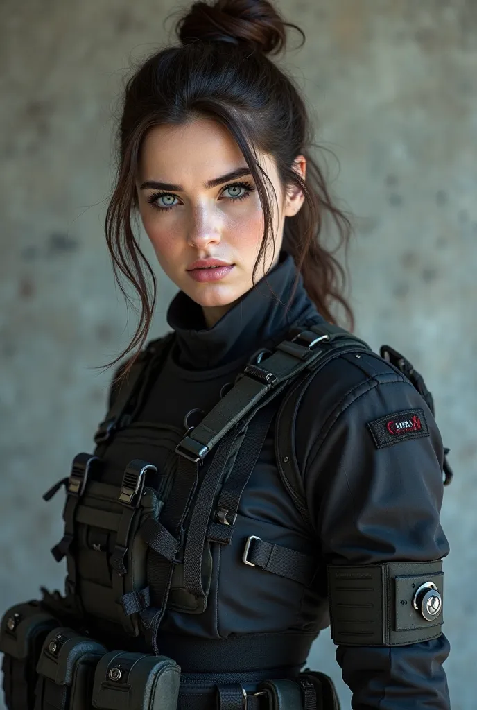 Please create a female soldier in black uniform and tactical gear. The girl has dark brown hair tied up and very bright blue, nearly white irises. She looks dangerous.