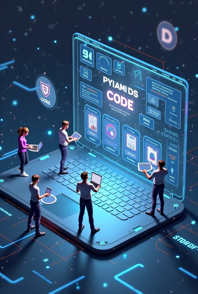 A futuristic digital workspace where multiple tiny human figures are actively building a giant e-commerce platform. Some are coding, others are dragging product images onto the digital storefront, and a few are testing payment and shipping integrations. Th...