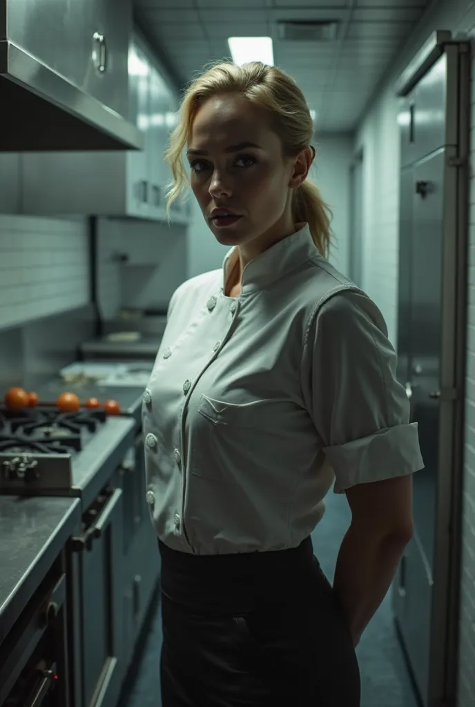 Evil white woman in her 30s wearing a chef uniform