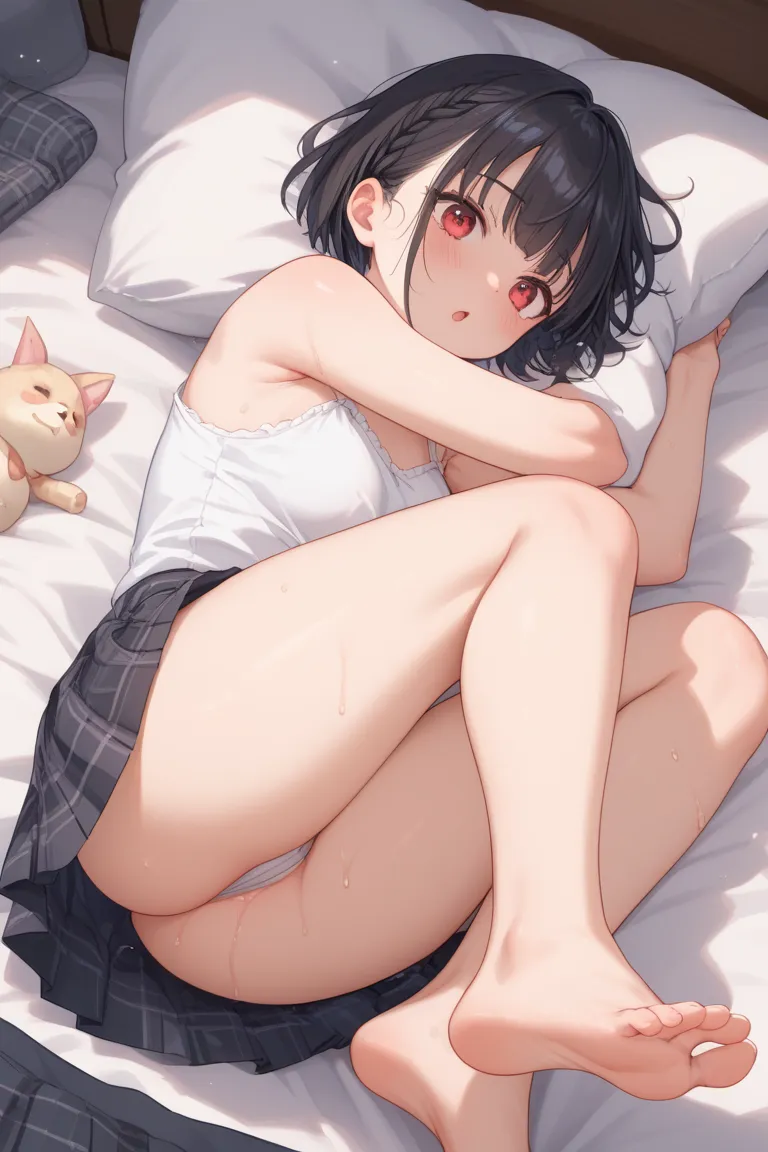 anime style,1 girl crouching, on a bed in a dark bedroom with the light off,  big round red eyes up to above the knee , have small heads,Long legs,  My thighs and buttocks are firm , short cut black hair ,gray plaid pleated skirt above the knee,wearing a s...