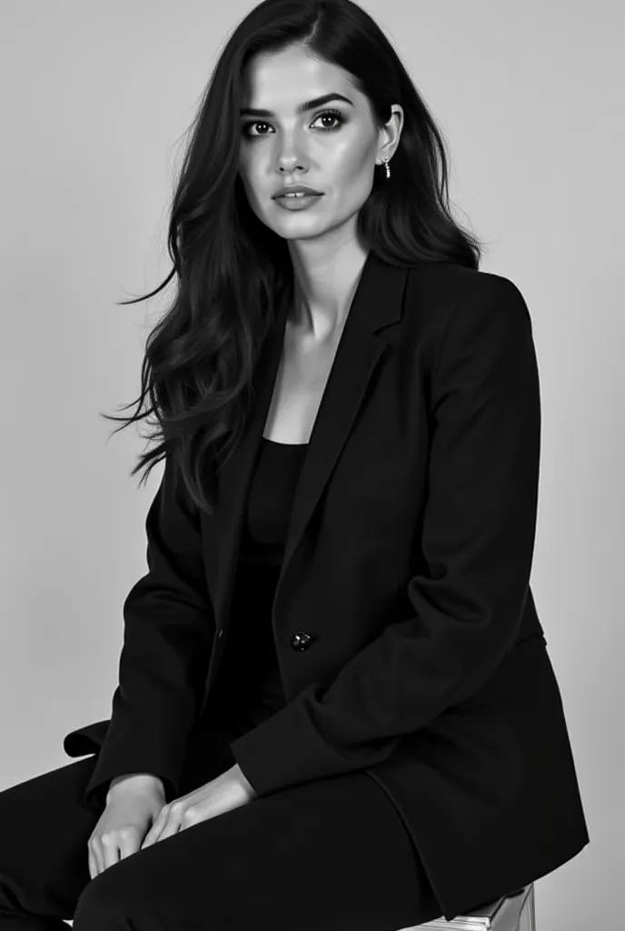 The girl is in a black and white photo shoot, she is wearing a pantsuit and jacket, she has long black hair. She sits on a chair in a free pose.