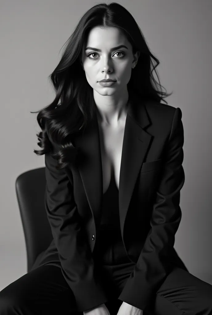 The girl is in a black and white photo shoot, she is wearing a pantsuit and jacket, she has long black hair. She sits on a chair in a free pose.