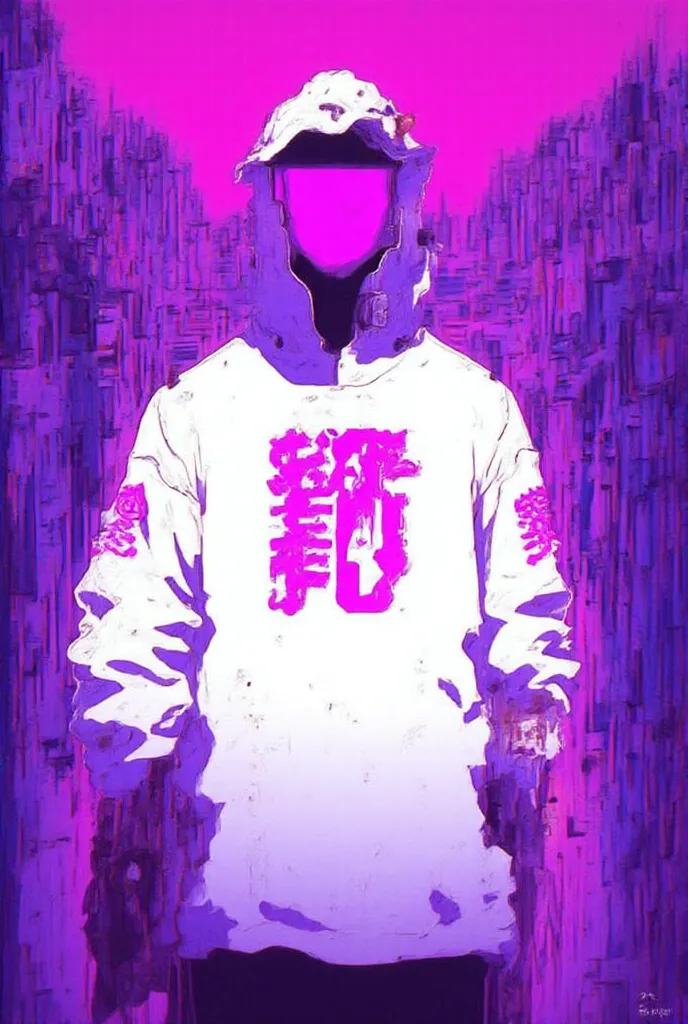 A digital art illustration of a hooded figure in a futuristic, urban setting. The figure wears a white hoodie with a distinct geometric symbol on the front, the color is neon purple, and the face is obscured by shadows. The background is an abstract, urban...