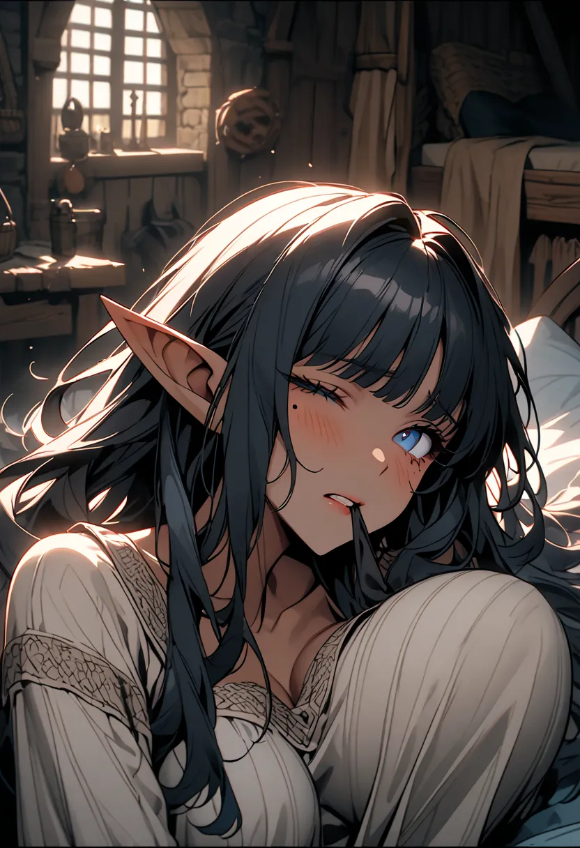 Alone, woman, close-up,  dark skin on the tip of the mouth, blue eyes,   black hair, wave hair, long hair,  Bangs one eye , very big breasts, big ass, flip flops, bedroom,  is sleepy, Elf, pointed ears, 魅惑的な笑顔, , Medieval,  Nightgown , mole under eye, Shy ...