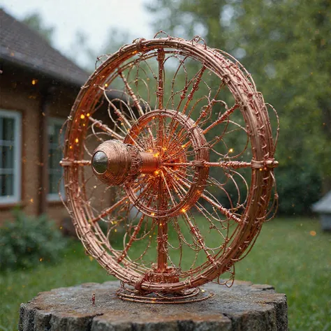 Create a simple antenna made of copper wires with a circular shape in the backyard of a DIY style house that is a device intended to generate electricity
