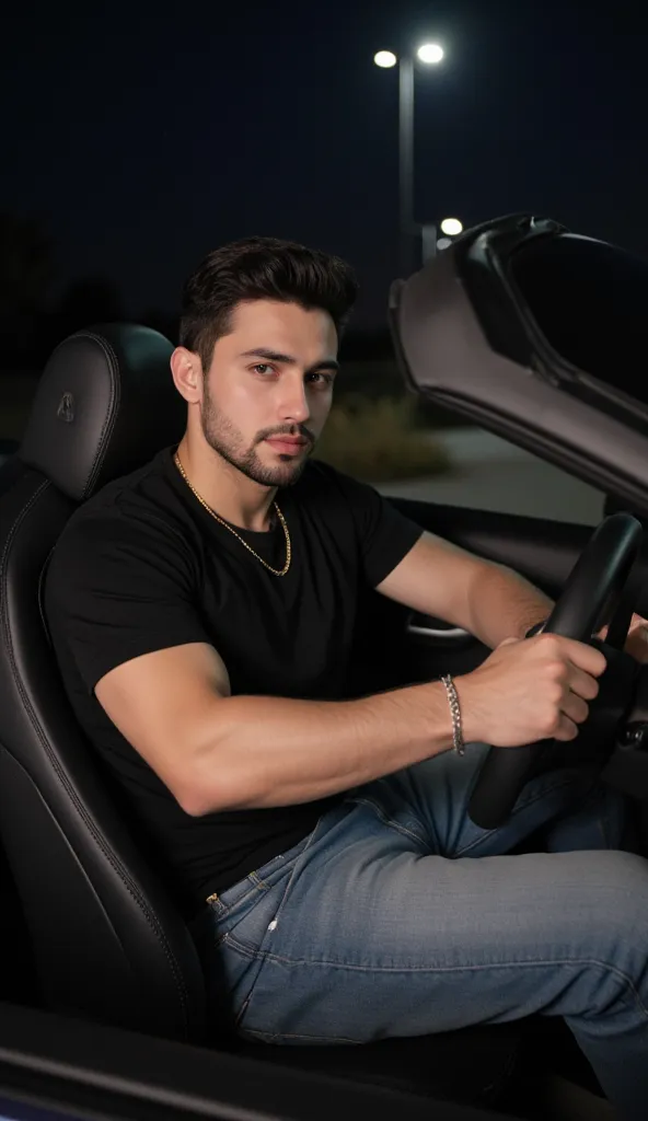 a handsome young turkish guy with muscle, dark very short hair fade middle parting and goatee beard  he wearing a black tshirt and a light loose jeans and a thin gold chain he sits in a car and is driving the car Amateur photo random picture and location i...