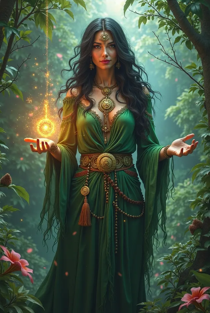 Create a sorceress from Brazil with flowing hair 