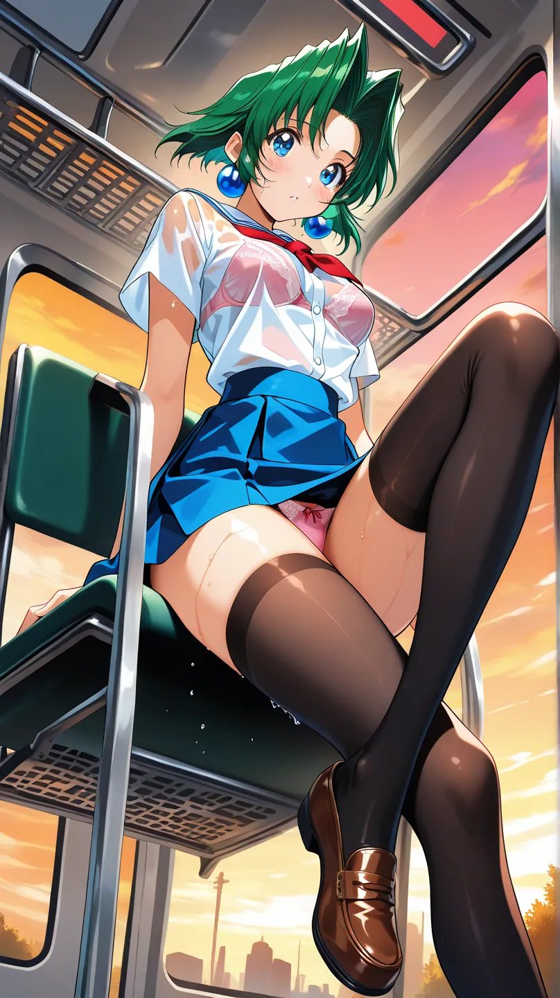 (masterpiece, best quality:1.2),(Ultra High Resolution),( super precise face),(wet and transparent clothes 1:2)(Small Breasts 1:1)1 girl,Alone,toshinden_Ellis,sit on a chair, open, viewed from below,white blouse,(Blue Miniskirt),red neckerchief,black stock...