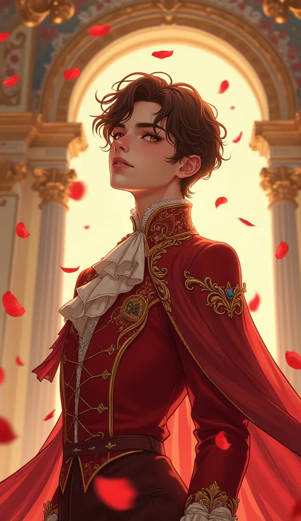 A highly detailed anime-style illustration of an androgynous young man named Ethan, depicted in a delicate yet regal pose, reaching gracefully towards the sky as crimson rose petals float around him. He has warm brown skin, a slender, hourglass figure, and...