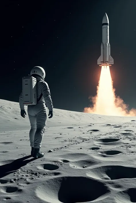 Create for me an image of a man walking on the moon and a rocket landing 