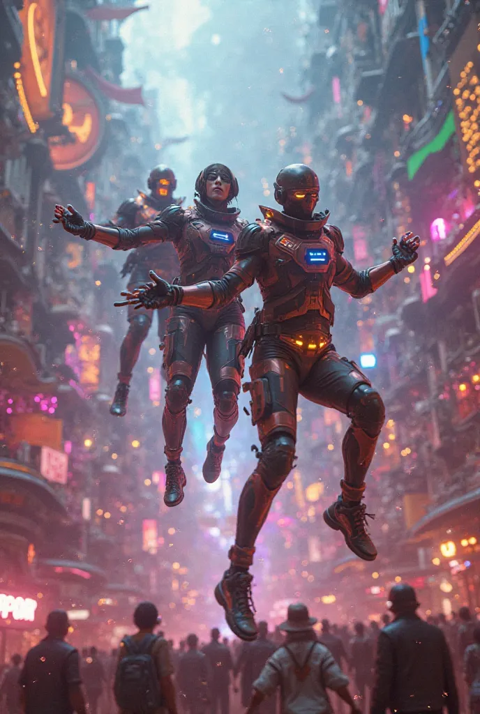 Ultra-realistc, futuristic, drunk guys flying over carnaval 