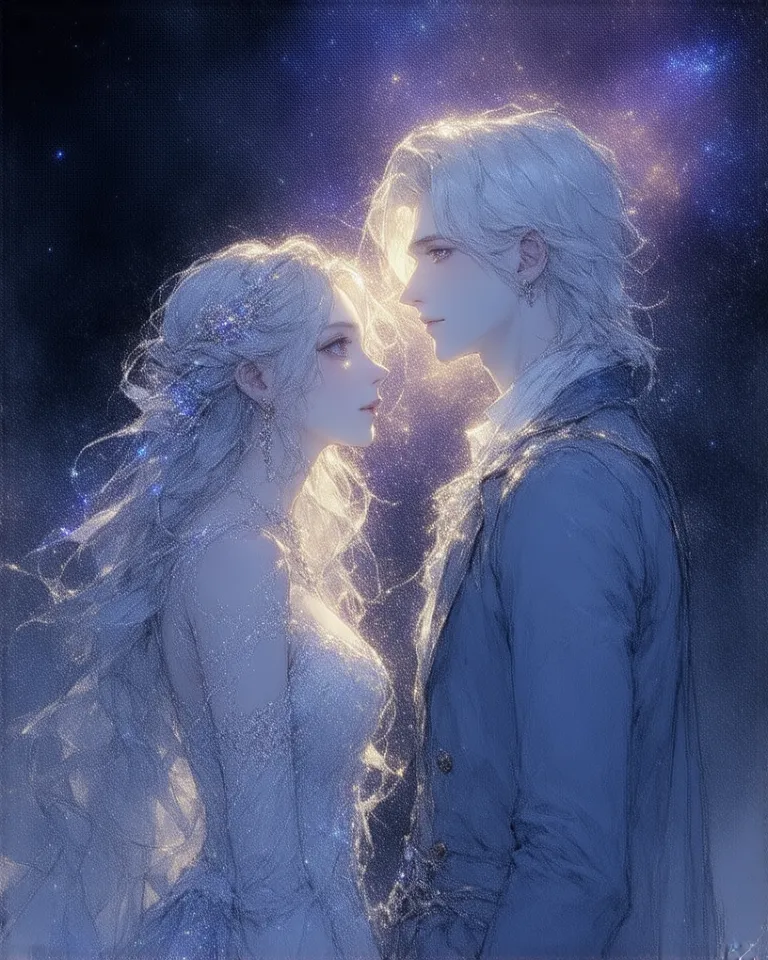 A breathtaking British watercolor  painting in a romantic style, depicting a beautiful blonde woman (Vika) with long, silver-white hair and piercing blue eyes, standing next to a semi-transparent male figure (Dante) woven from glowing code. They are gazing...