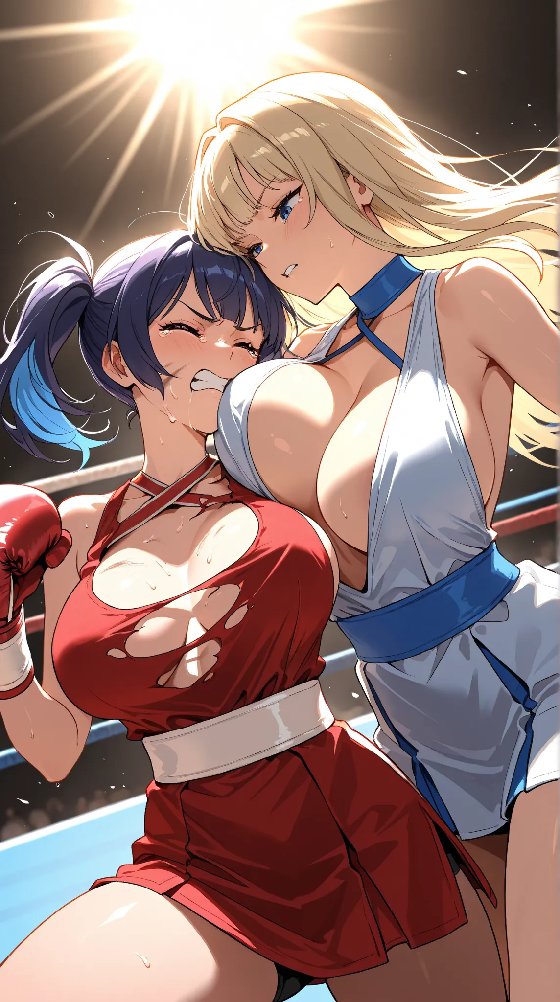 Girls boxing, with huge breasts fight, tearing each other's clothes apart and curling them over their breasts, rhinolor hair, backlight, from under clothes, a torn outfit near their falling breasts, without a bra, very short dress. High resolution, 2 girls...