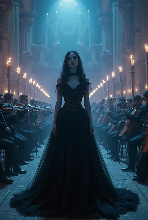 Dramatic cinematography, moody lighting, gothic elegance—a hauntingly beautiful female vocalist stands at the center of a grand orchestral stage, surrounded by a shadowy, gothic orchestra. Her long, flowing black gown cascades onto the floor, adorned with ...