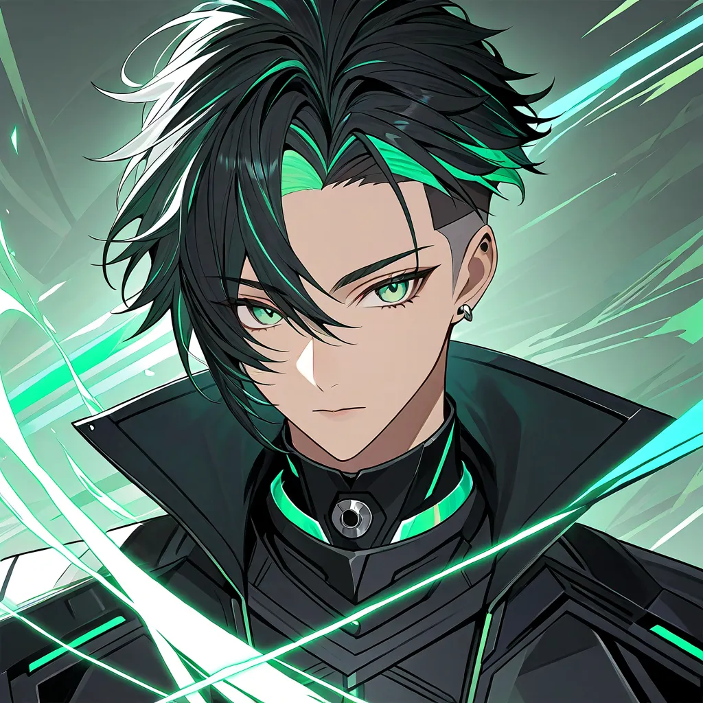 Create an anime with black hair, highlighting green hair, green eyes, undercut hair on the side, and with a gradient of layers of hair for volume. I open my forehead, swipe to the side of the head.