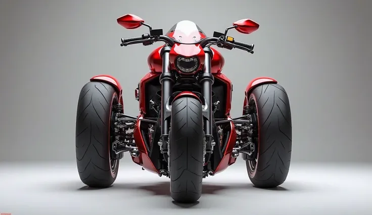 "Generate a high-resolution, fully realistic straight front view image of a Harley Davidson V-ROD in red, with a sleek and modern exterior, futuristic wheels, and a shimmering body color, displayed in a luxurious showroom. The front view should be highly d...