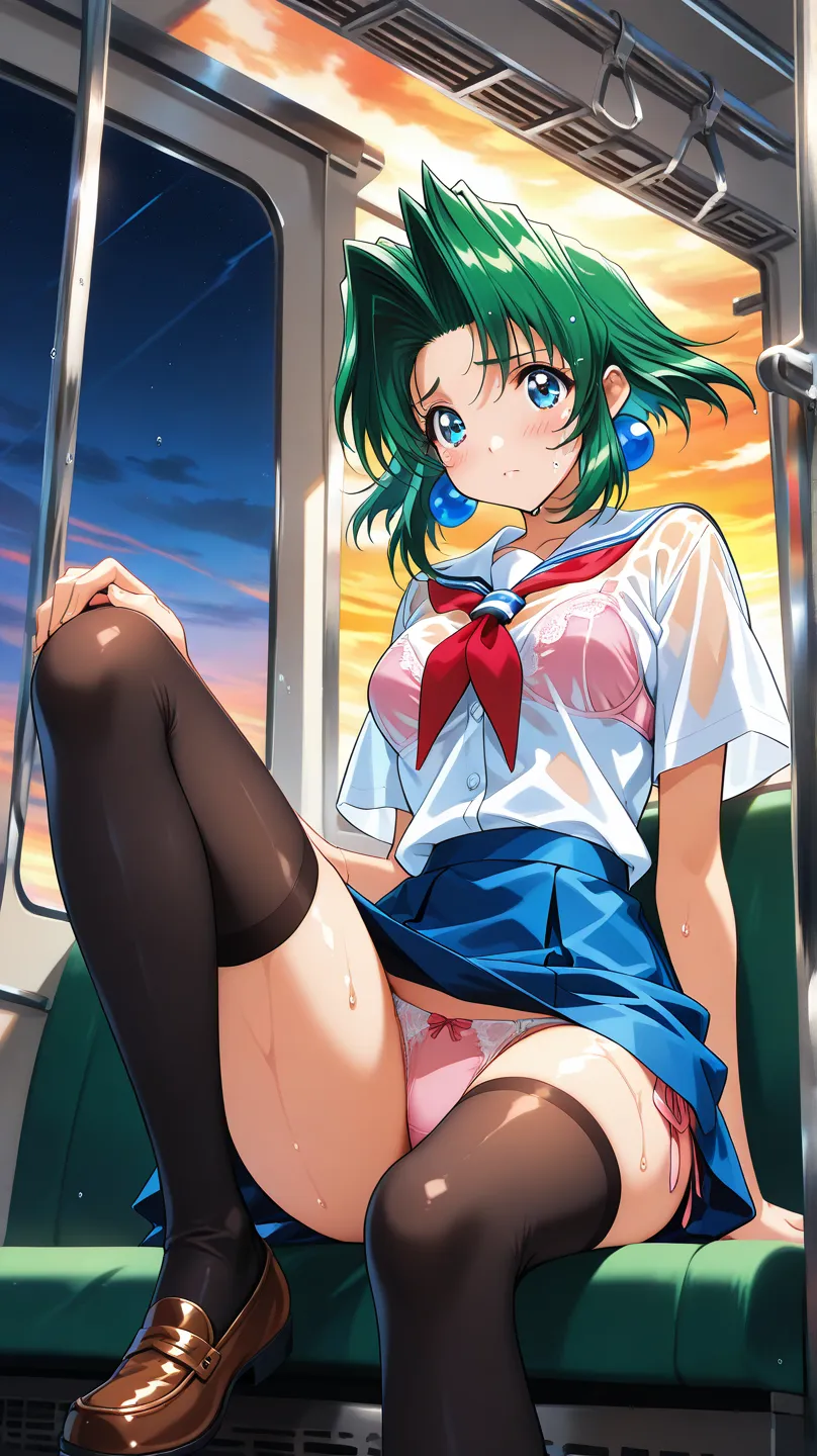 (masterpiece, best quality:1.2),(Ultra High Resolution),( super precise face),(wet and transparent clothes 1:2)(Small Breasts 1:1)1 girl,Alone,toshinden_Ellis, bench seat, open, viewed from below,white blouse,(Blue Miniskirt),red neckerchief,black stocking...